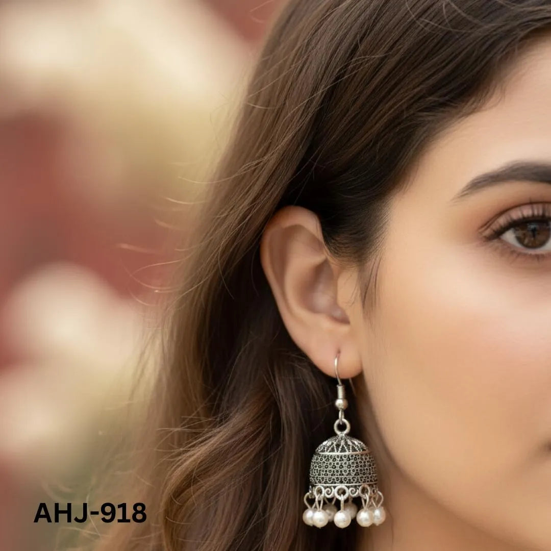 Silver Indian Jhumka Earrings with Pearl Drops