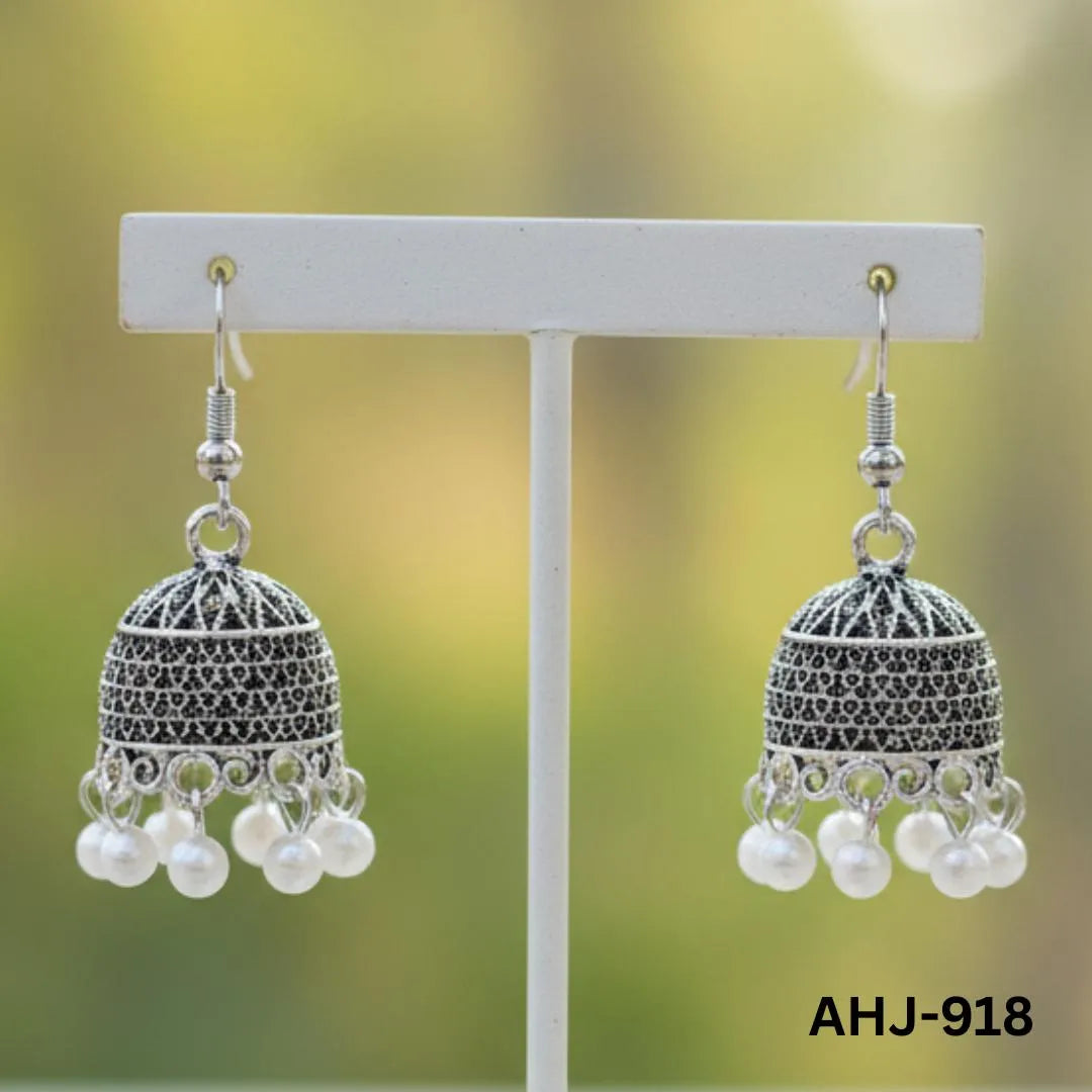 Silver Indian Jhumka Earrings with Pearl Drops